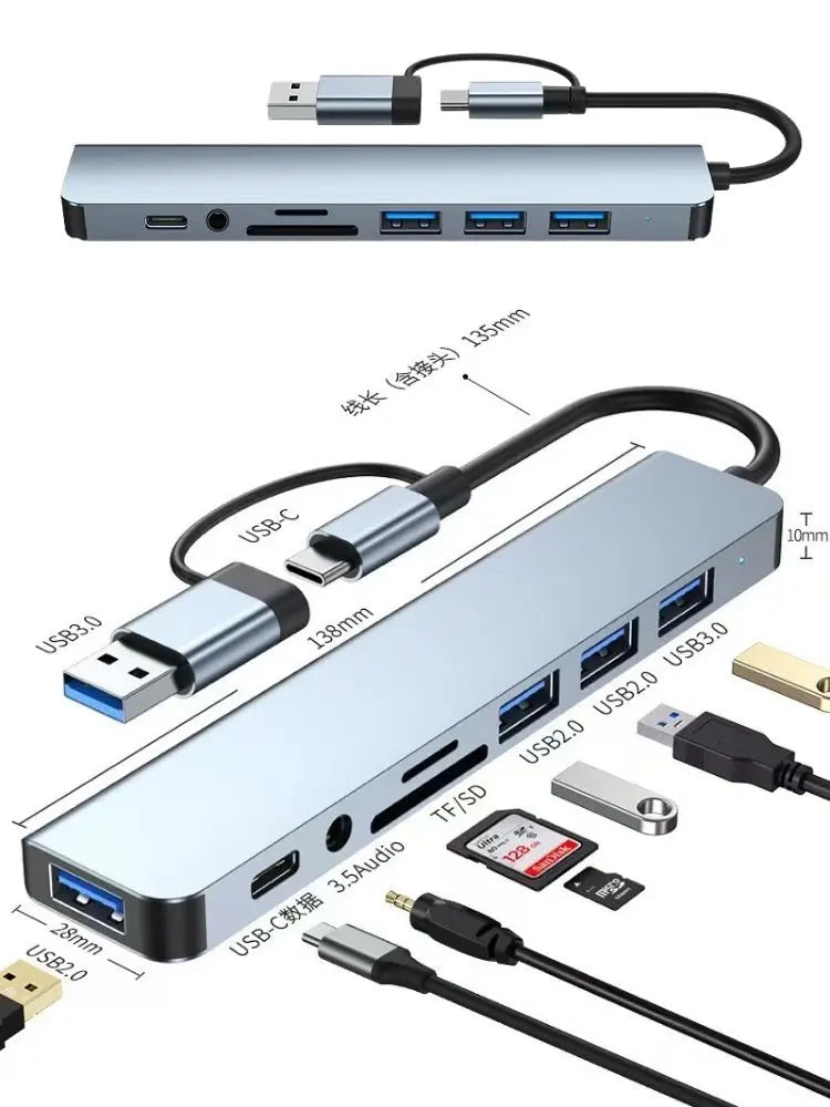 8 In 2 USB C Hub Expander Multiport Adapter Type C Splitter Dock USB 3 Port For Xiaomi Phone Tablet Fast Data Transfer Charging