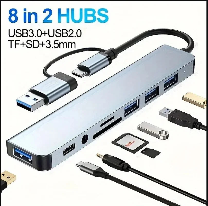 8 In 2 USB C Hub Expander Multiport Adapter Type C Splitter Dock USB 3 Port For Xiaomi Phone Tablet Fast Data Transfer Charging