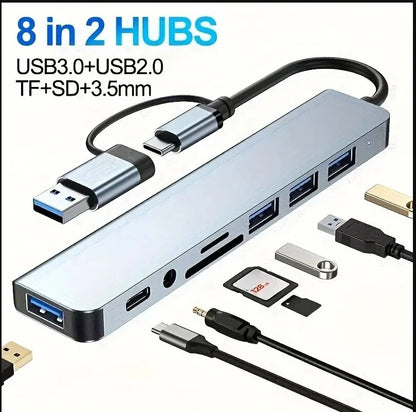 8 In 2 USB C Hub Expander Multiport Adapter Type C Splitter Dock USB 3 Port For Xiaomi Phone Tablet Fast Data Transfer Charging