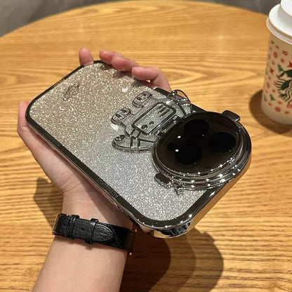 Glitter Astronaut Camera Stand Phone Case For I14 13 12 11 Pro Max XR 14 Plus Invisible Lens Bracket Plating Soft Cover