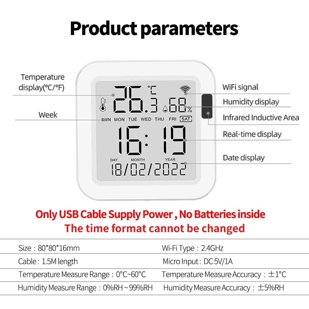 Tuya WiFi Temperature Humidity Sensor With Backlight for Smart Home APP Remote ControlWork with SmartLife Yandex Alexa