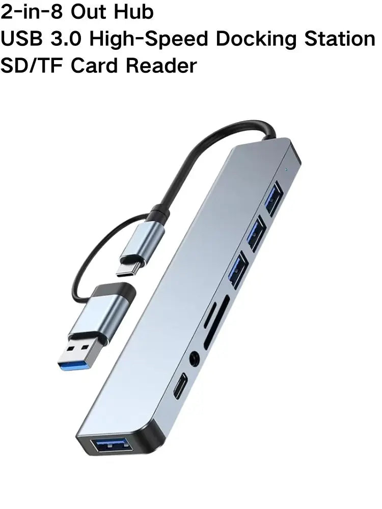8 In 2 USB C Hub Expander Multiport Adapter Type C Splitter Dock USB 3 Port For Xiaomi Phone Tablet Fast Data Transfer Charging